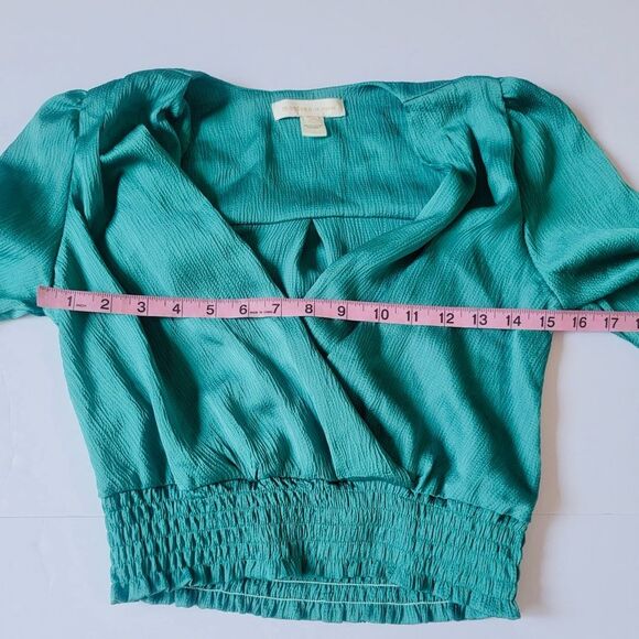 Monteau Los Angeles Teal Smocked Wrap Blouse | Size S - Picture 5 of 7